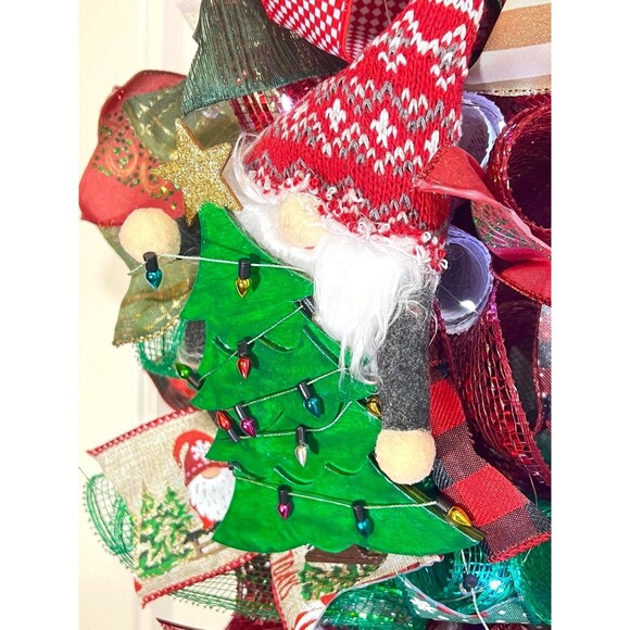 Handmade Christmas Tree Gnome Holiday Ribbon Door Wreath 22 ins W71 - Picture 5 of 11